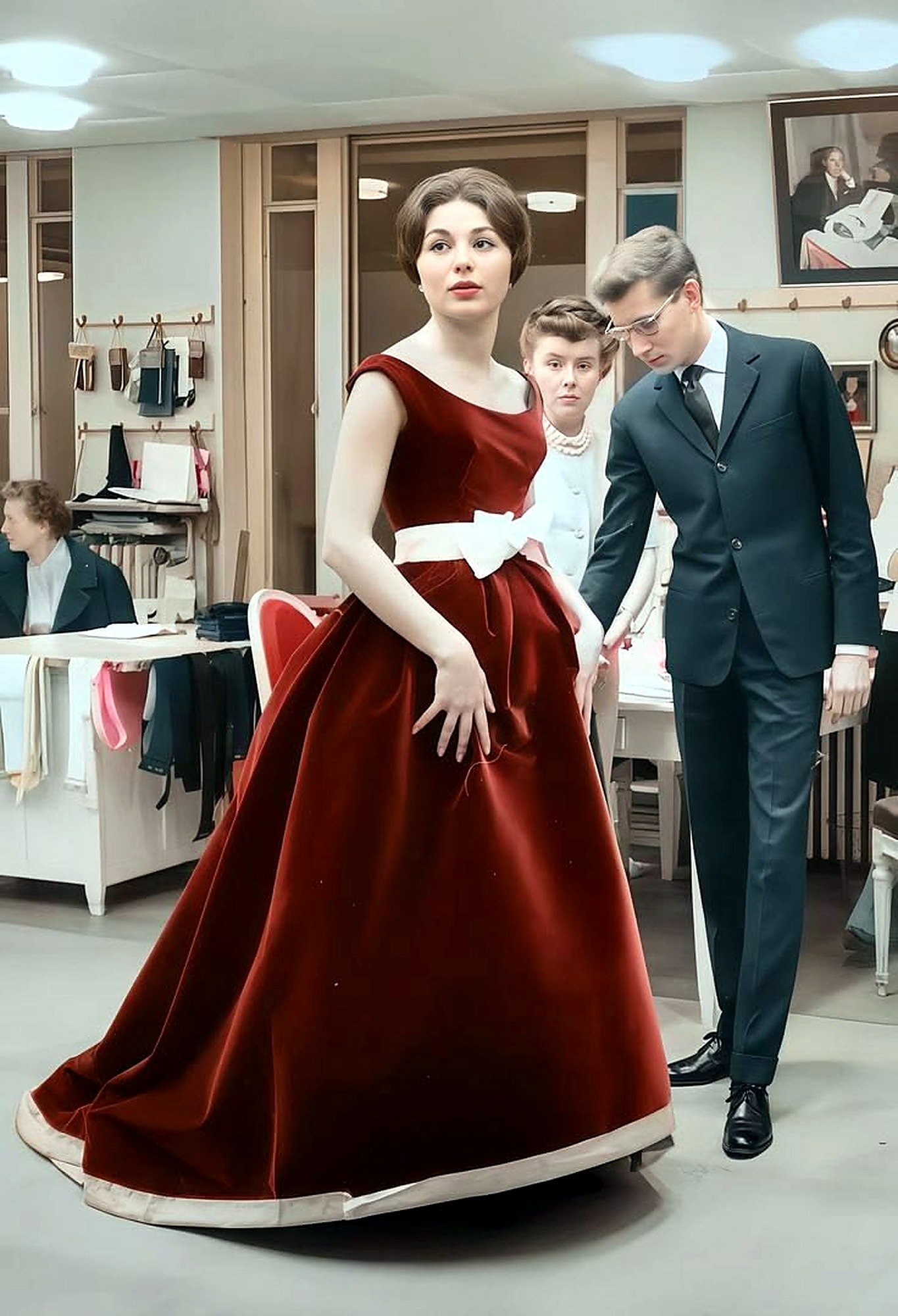Farah Pahlavi in a red velvet ballgown at the atelier.