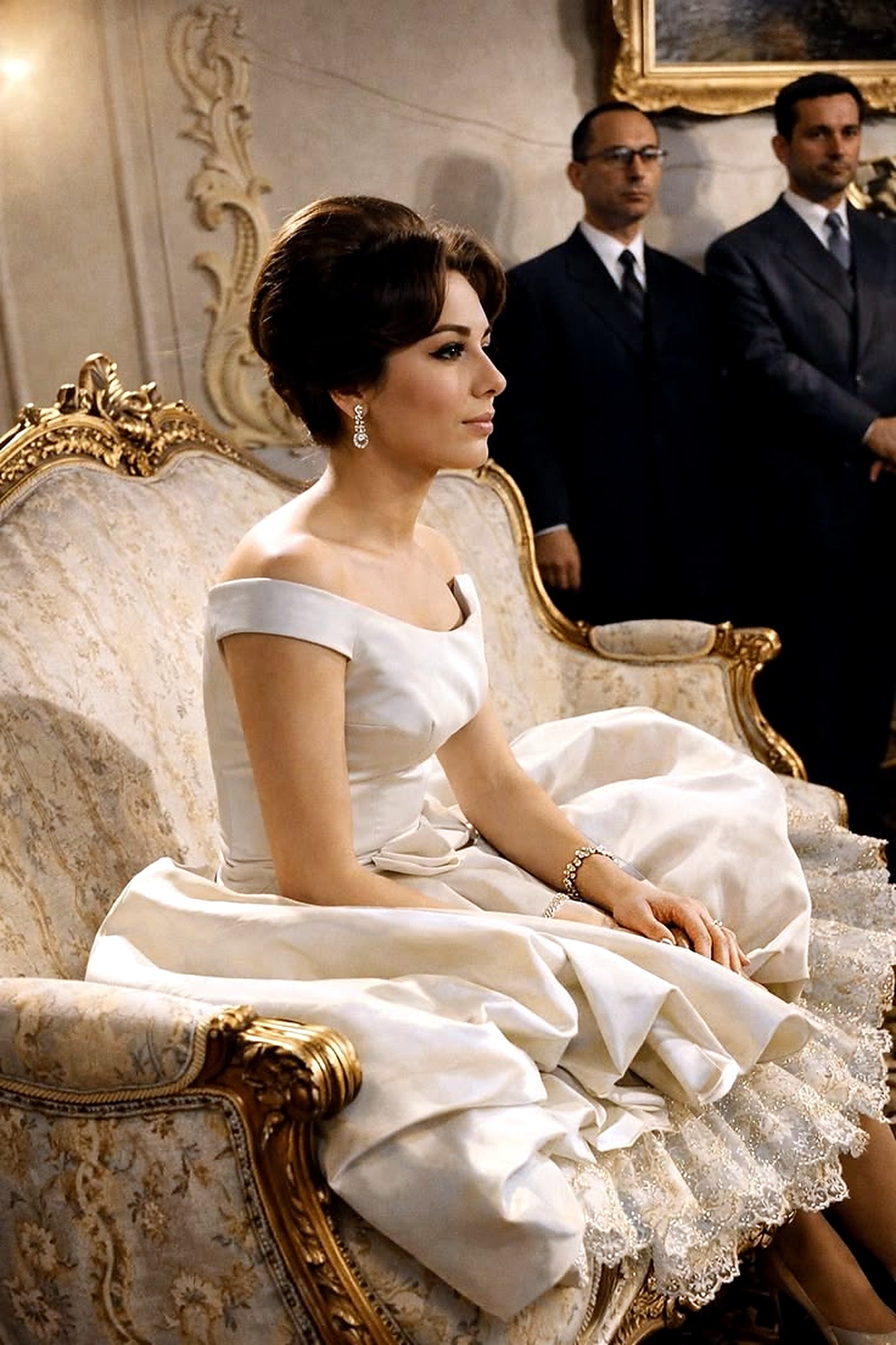Farah Pahlavi in white off-shoulder gown.
