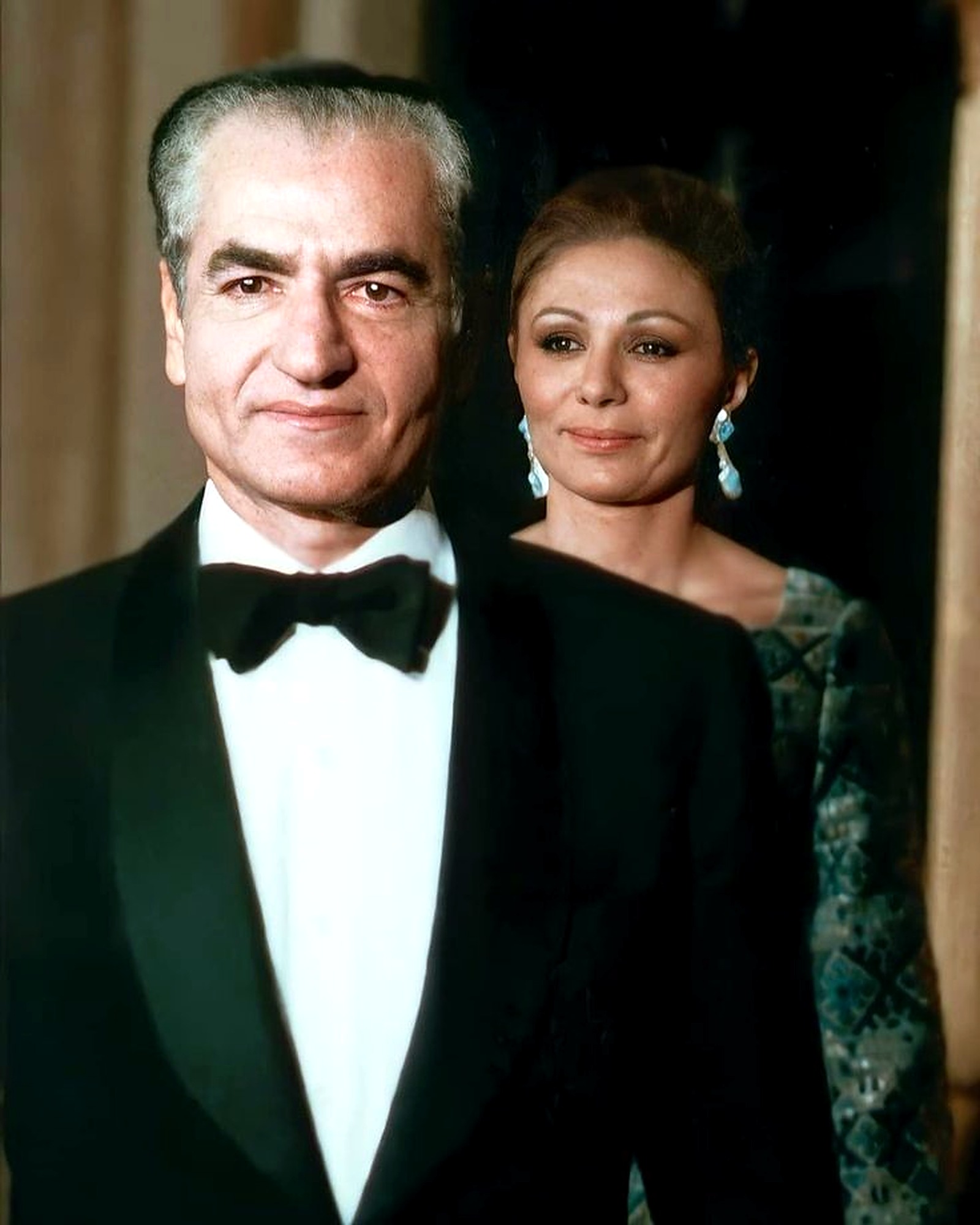 Mohammad Reza Shah and Farah Pahlavi in black tie.