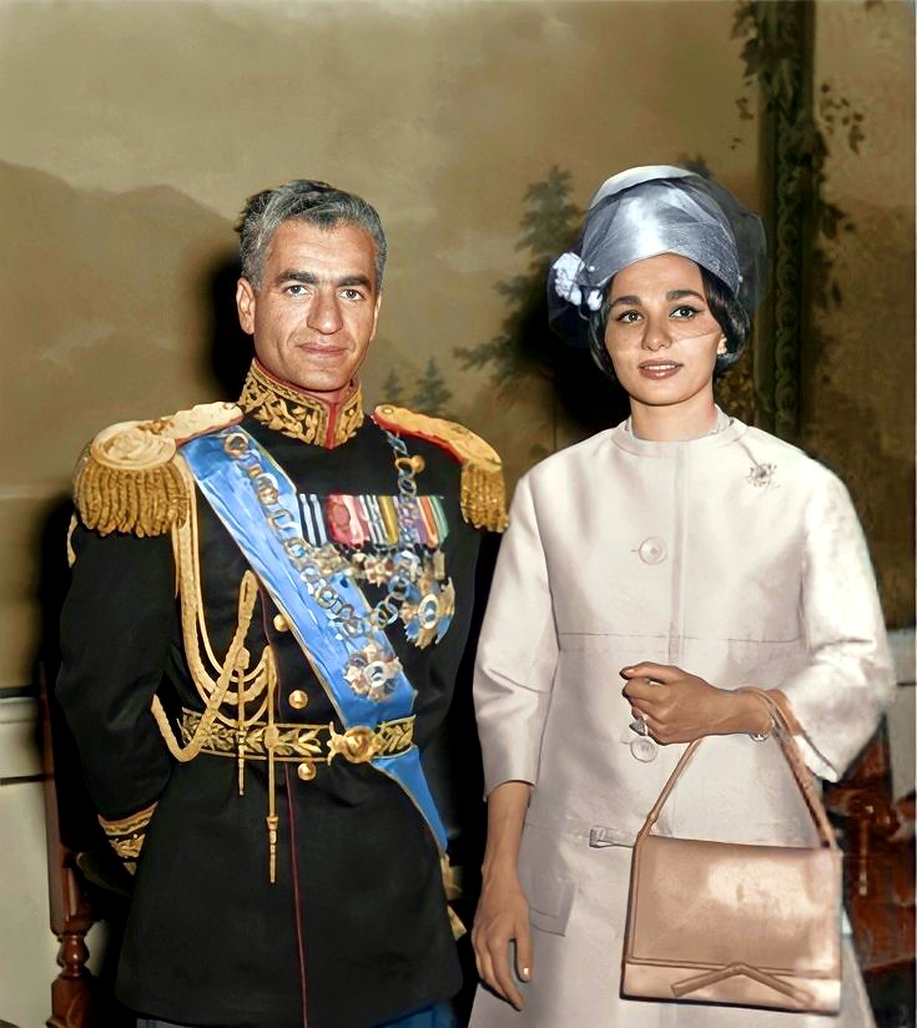 Early portrait: Shah in uniform, Farah in silver turban.