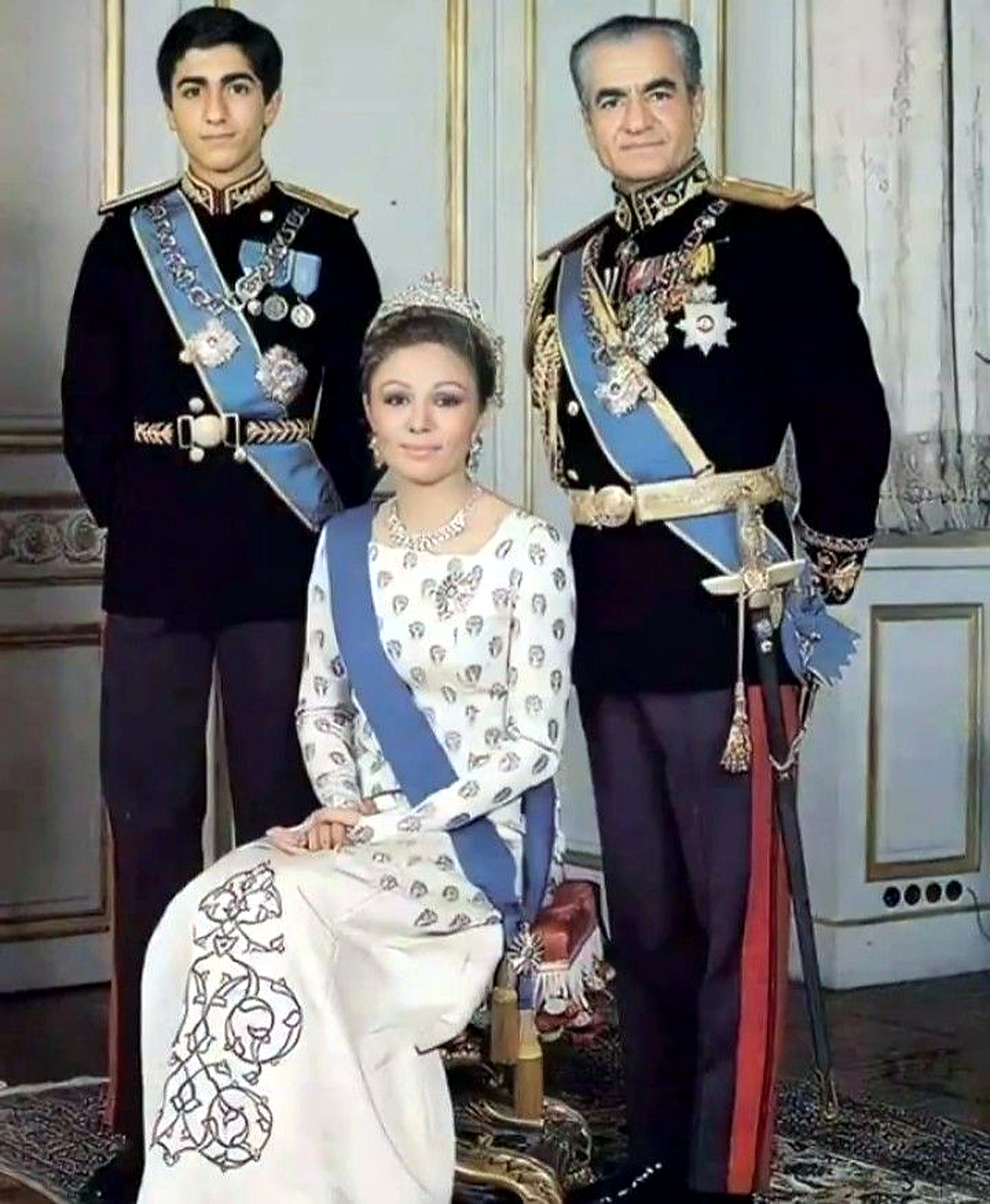 Crown Prince Reza, Farah Pahlavi, and Mohammad Reza Shah.